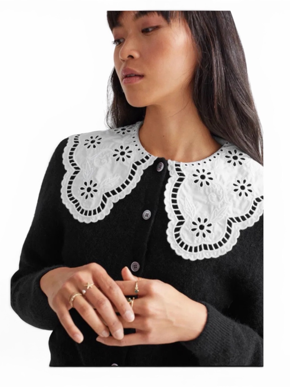 & Other Stories Black Cropped Cardigan Eyelet Lace Collar XS French Girl Preppy